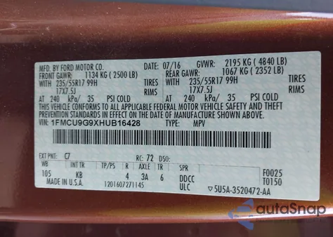 2017 Ford Escape Se from USA, damaged, VIN 1FMCU9G9XHUB16428